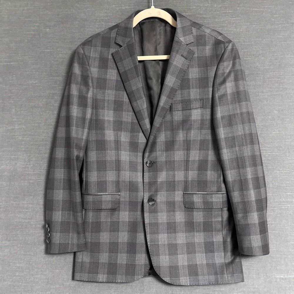 Carducci Sport Coat 38S Slim Fit Gray Plaid Wool Reda Italian 150s Blazer Jacket